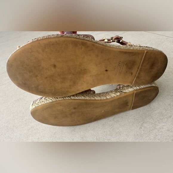 Valentino Garavani Rockstud Pink Leather Espadrille Ankle Wrap Flats Size 37 - Picture 9 of 13